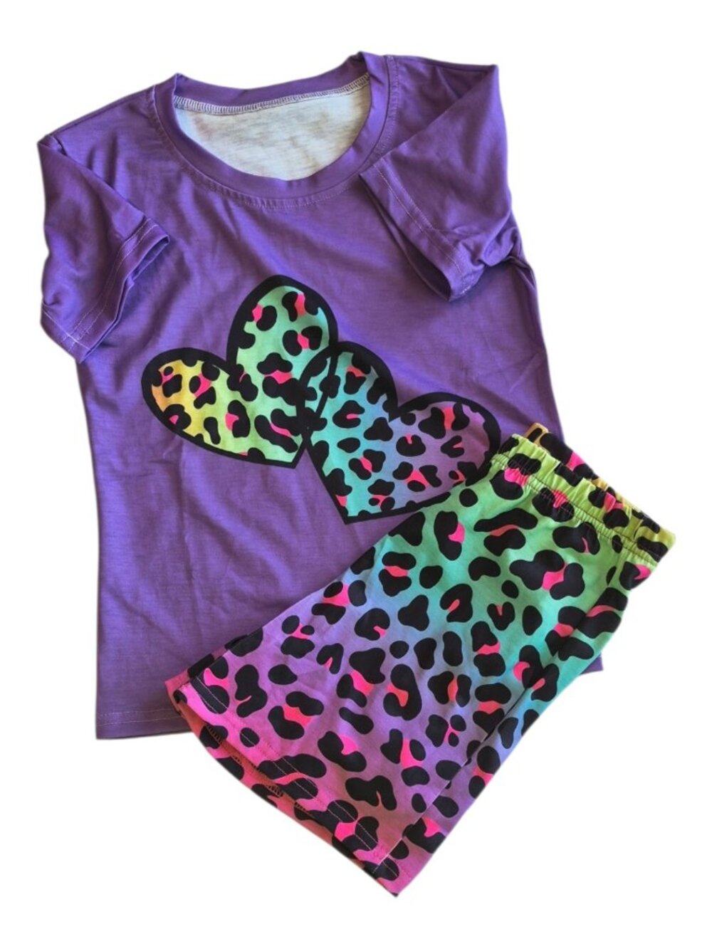Girls' Purple Leopard Heart Print Summer Short Set Size 5-6 years